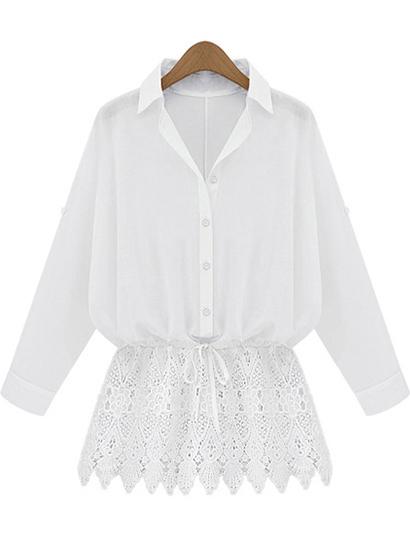 Shein White Lapel Lace Hem Loose Blouse