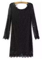 Rosewe Laconic Solid Black Round Neck Long Sleeve Lace Dress