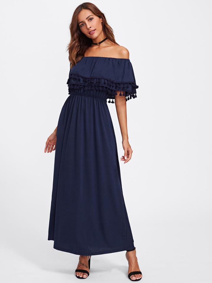 Shein Flounce Layered Neckline Tassel Hem Dress