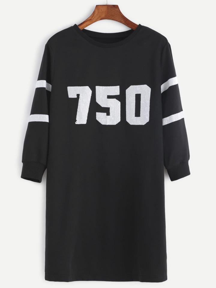 Shein Black Sequin Detail Varsity Sweatshirt Dress