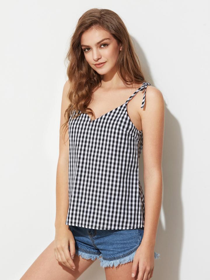 Shein Self Tie Strap V Back Checkered Cami Top