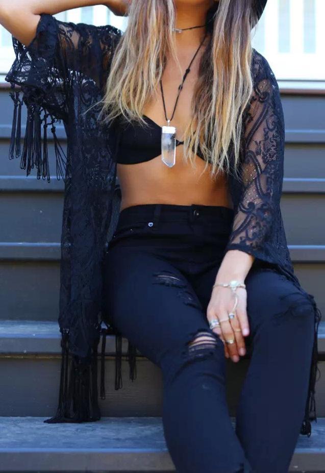 Shein Black Long Sleeve Sheer Tassel Lace Blouse