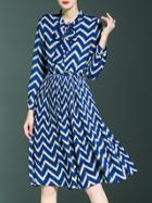 Shein Blue Tie Neck Belted Chevron Pleated A-line Dress