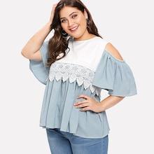 Shein Plus Contrast Lace Striped Cold Shoulder Ruffle Hem Blouse
