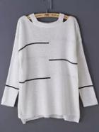 Shein Striped Open Shoulder Knit White Sweater