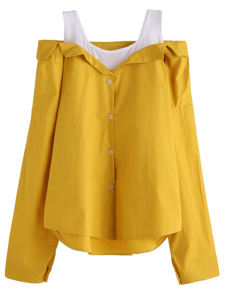 Shein Yellow Contrast Open Shoulder Dip Hem Combo Top
