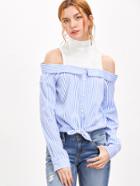 Shein Blue And White Striped Cutout Contrast Shoulder Blouse
