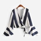 Shein Wide-striped Flounce Sleeve Wrap Blouse