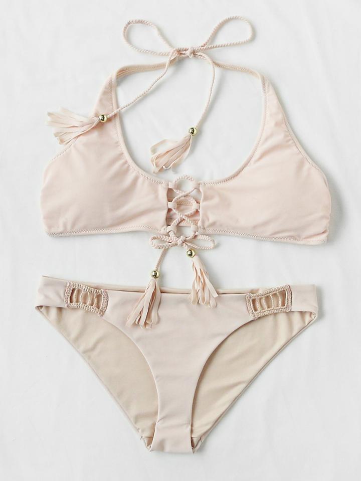 Shein Lace Up Fringe Cutout Bikini Set