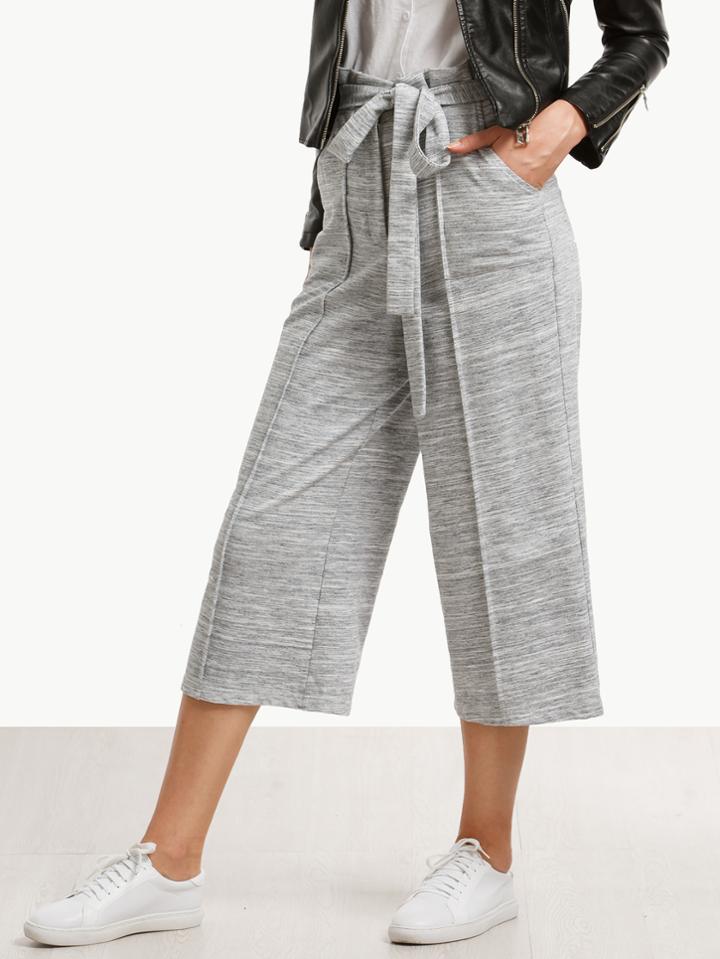 Shein Grey Tie Waist Wide-leg Capris