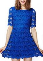 Rosewe Pretty Round Neck Hollow Design Blue Mini Dress