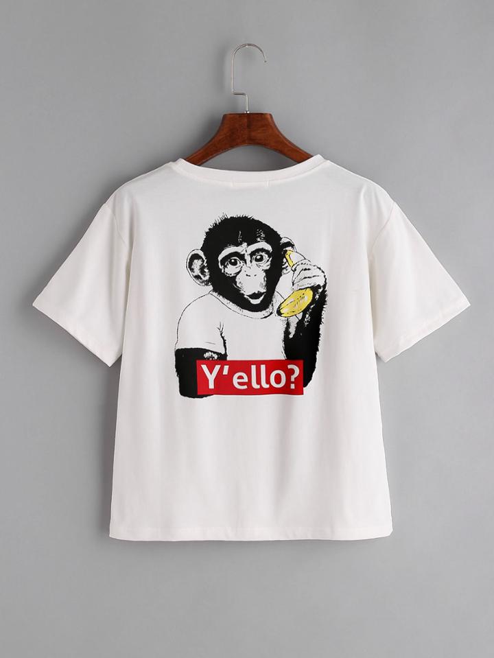Shein White Monkey Print Back T-shirt