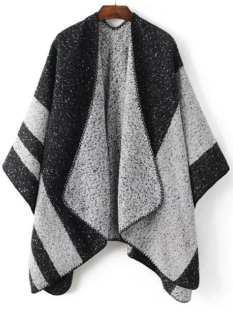 Shein Black Color Block Shawl Collar Poncho Sweater