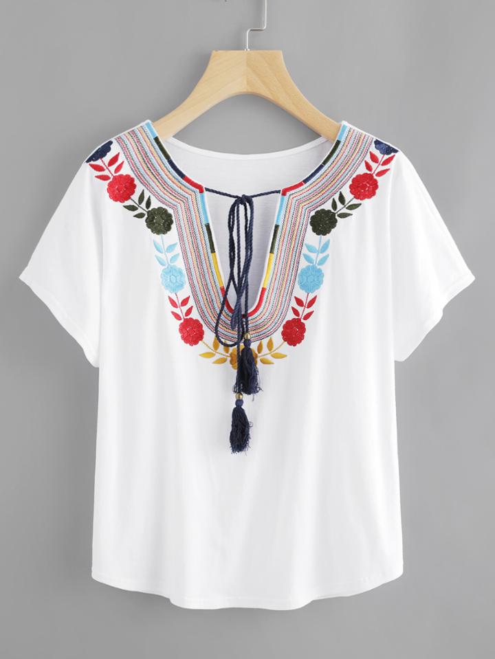 Shein Tasseled Tie Embroidered Plunge Neck Tee