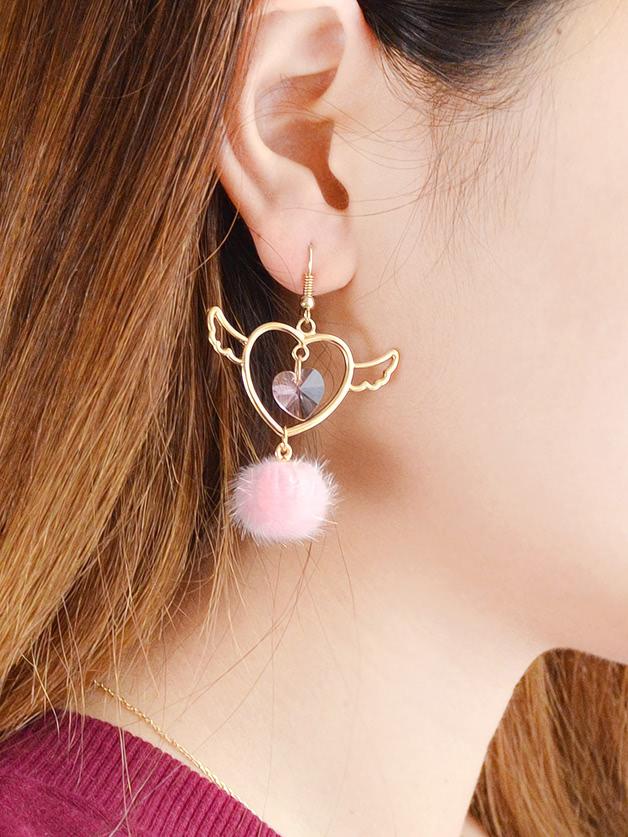 Shein Pink Wings Shape Fur Ball Drop Earrings