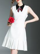 Shein White Tie Neck Beading Pleated Dress