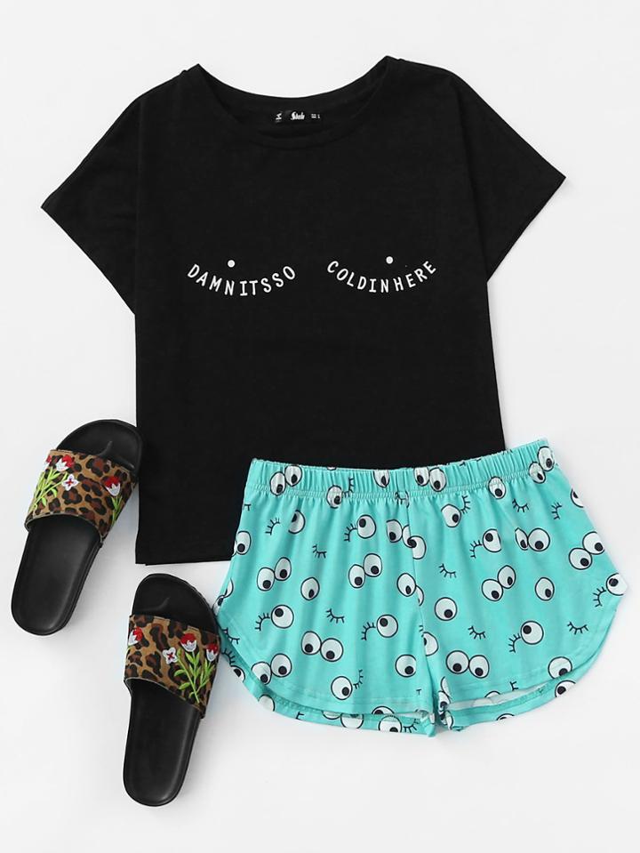 Shein Tee And Allover Cartoon Eyes Print Shorts Pajama Set