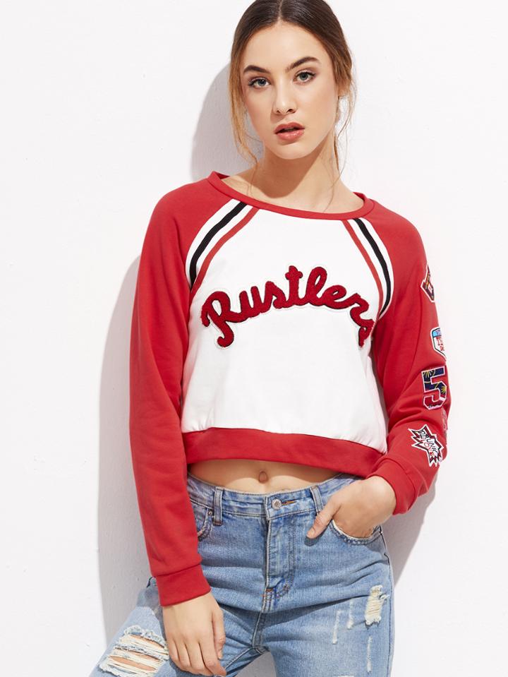 Shein Contrast Raglan Sleeve Crop Sweatshirt With Patch