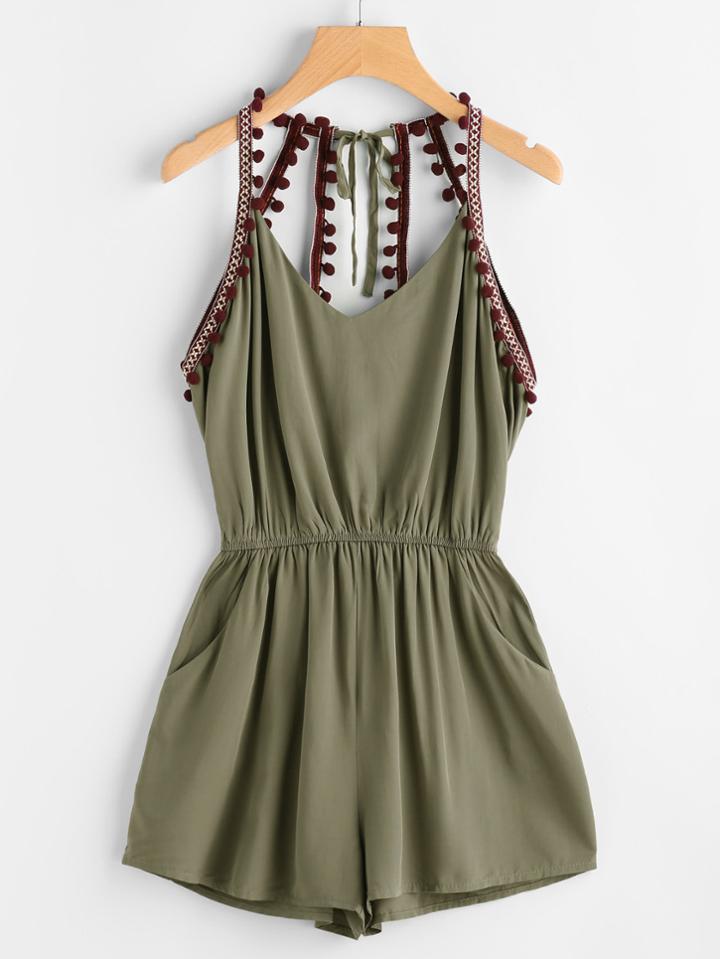 Shein Embroidered Taped Pompom Trim Open Back Romper