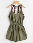 Shein Embroidered Taped Pompom Trim Open Back Romper