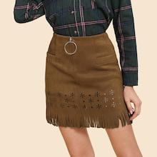 Shein Fringe Zip Up Suede Skirt