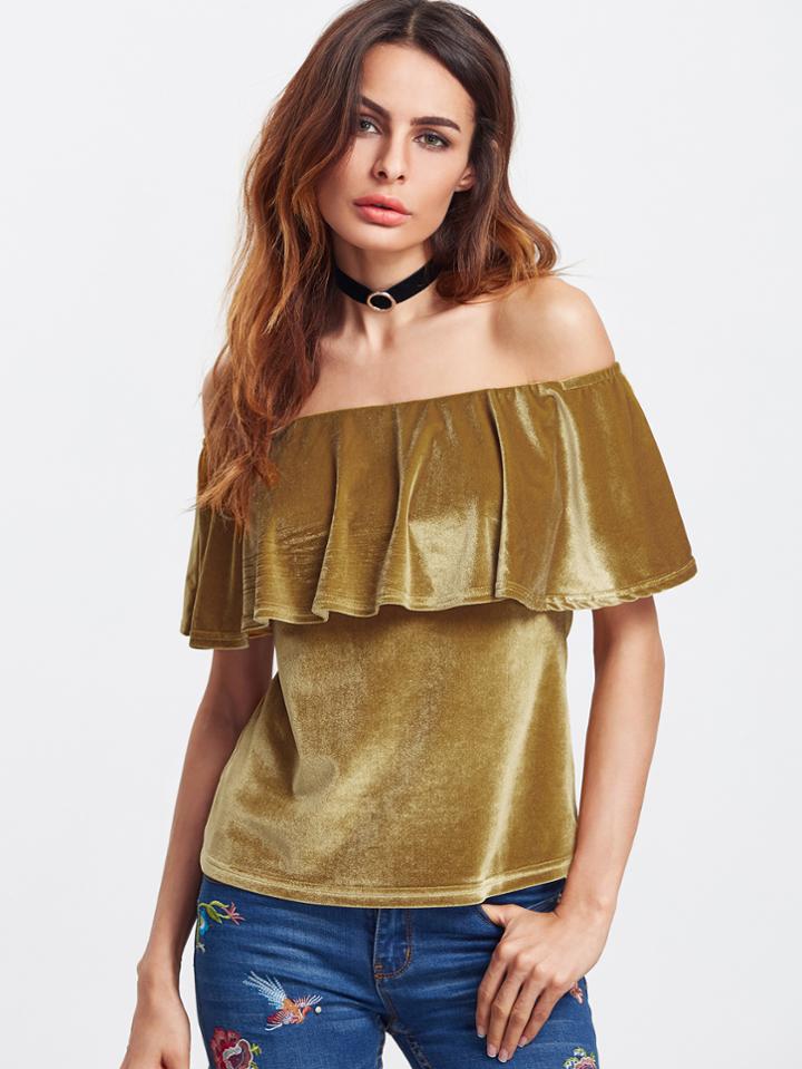 Shein Gold Off The Shoulder Velvet Ruffle Top