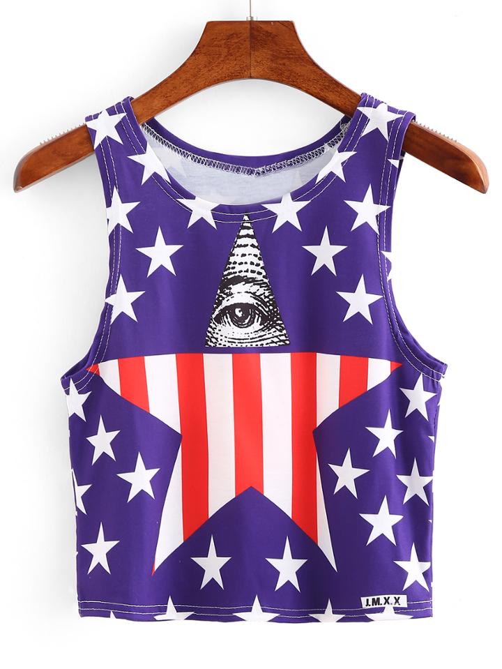 Shein Stars And Stripes Print Crop Tank Top