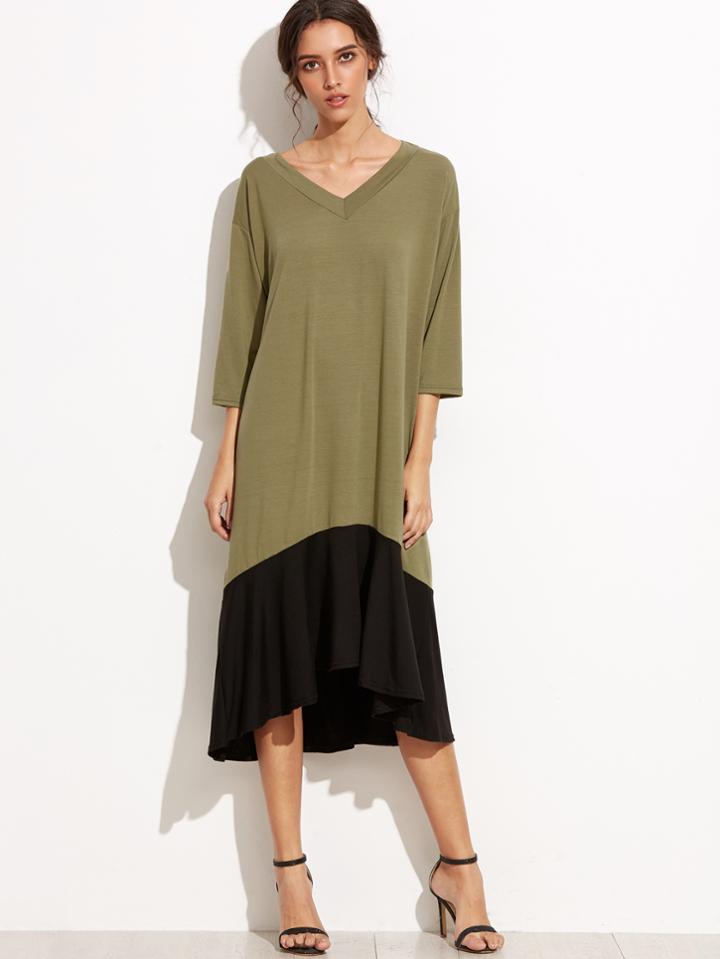 Shein Color Block V Neck High Low Shift Dress