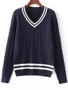 Shein Navy V Neck Striped Cable Knit Sweater