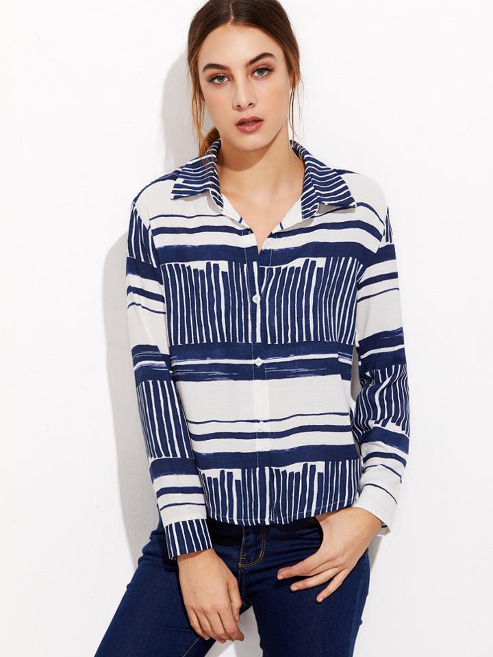 Shein Contrast Stripe Curved Hem Shirt