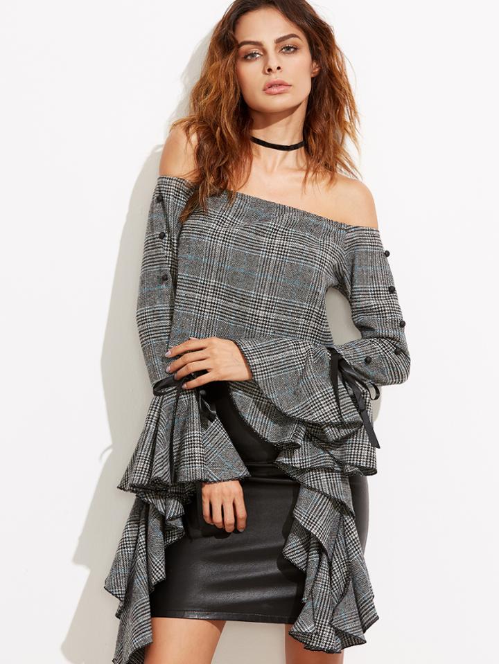 Shein Grey Off The Shoulder Dramatic Ruffle Sleeve Tweed Top