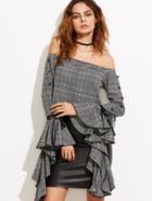 Shein Grey Off The Shoulder Dramatic Ruffle Sleeve Tweed Top