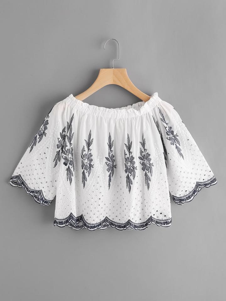 Shein Bardot Frill Trim Embroidery Top
