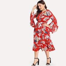 Shein Plus Flounce Sleeve Tassel Tied Floral Dress