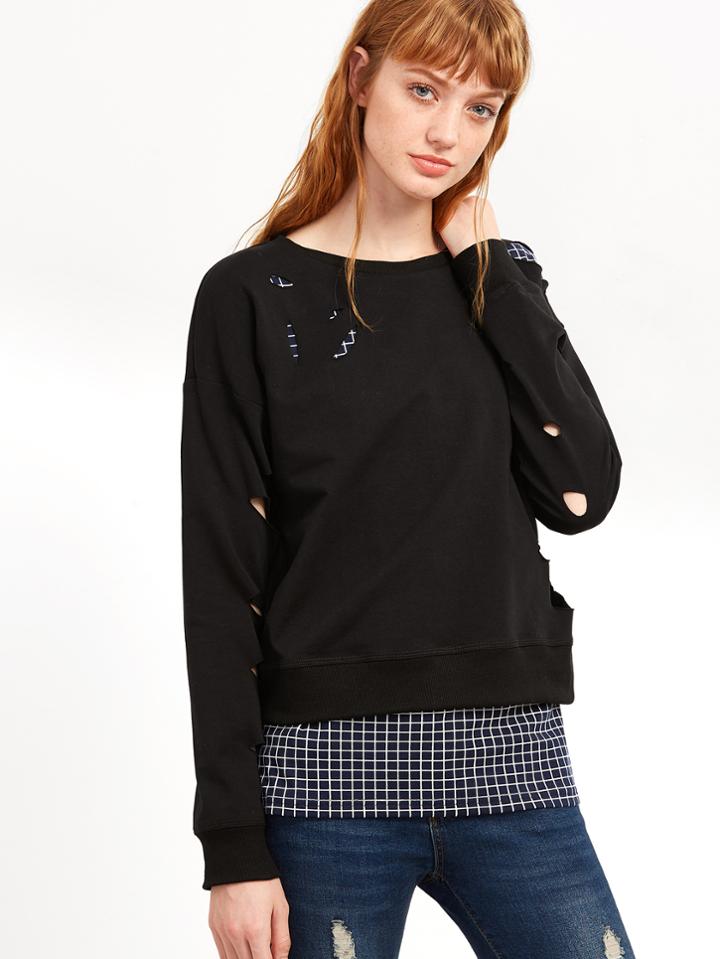 Shein Black Drop Shoulder Ripped Sweatshirt