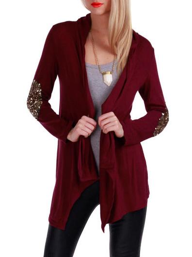 Shein Wine Red Drape Front Sequined Patch Coat