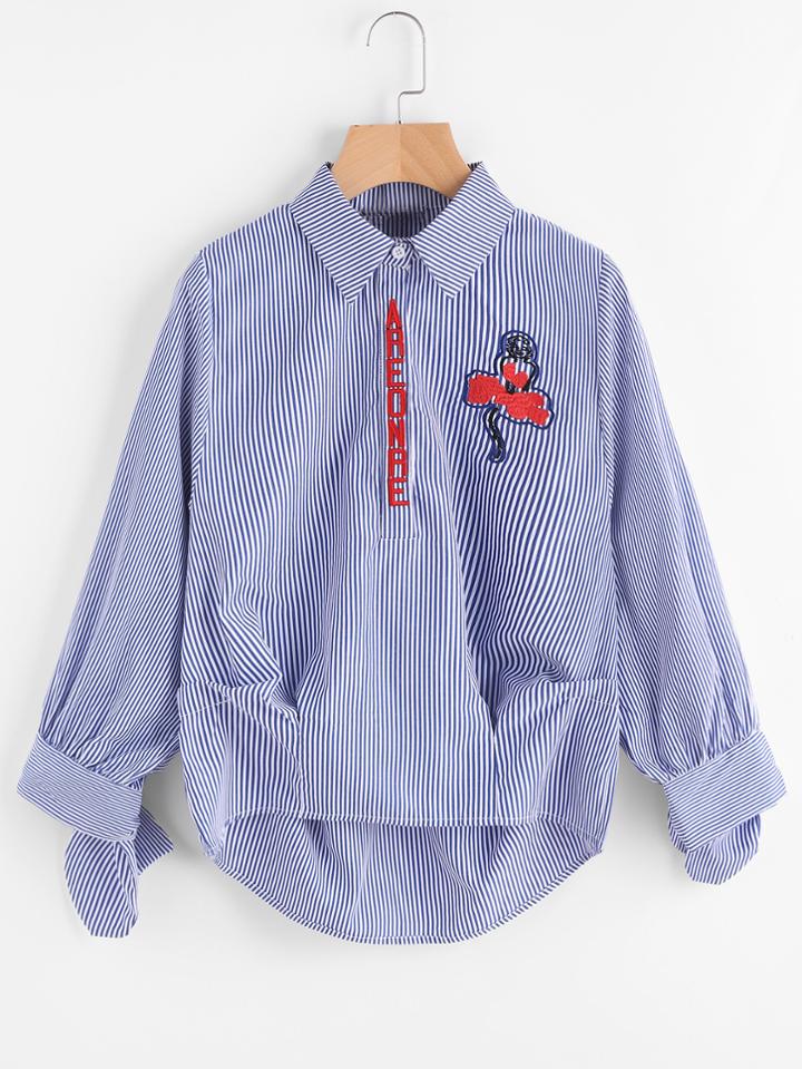 Shein Vertical Striped Embroidered Half Placket Tie Cuff Blouse
