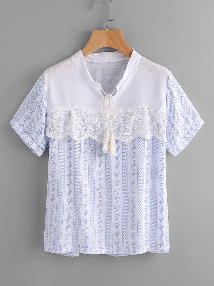 Shein Contrast Eyelet Embroidered Lace Tassel Tie Printed Blouse