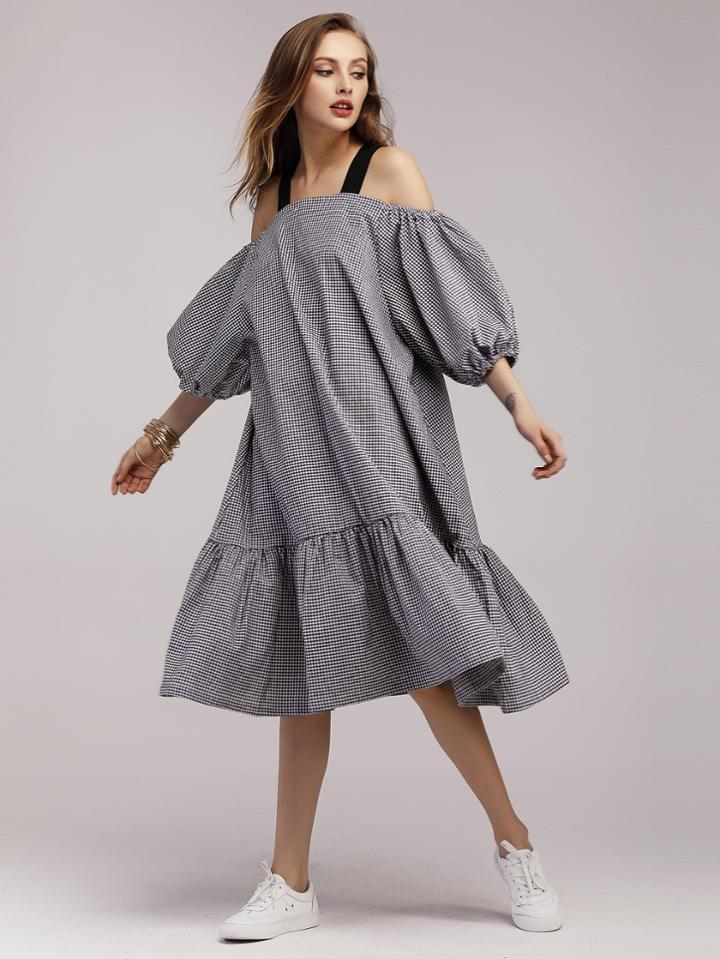 Shein Gingham Lantern Sleeve Frill Hem Dress