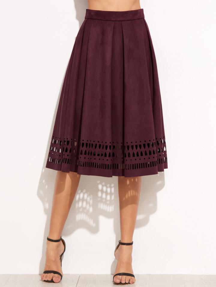 Shein Maroon Suede Laser Cutout Circle Skirt