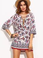 Shein Multicolor Ornate Print Lace Up Tunic Dress