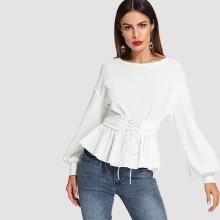 Shein Lantern Sleeve Top With Corset Belt