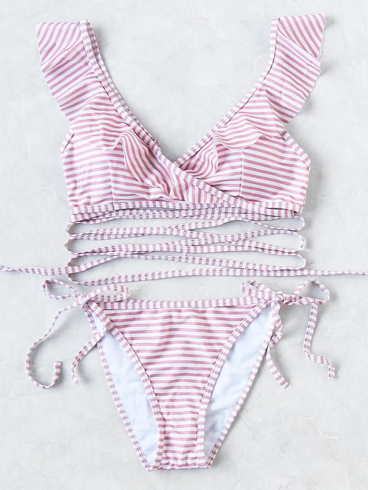 Shein Striped Ruffle V Neck Strappy Bikini Set