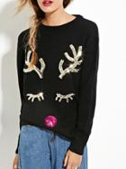 Shein Black Deer Sequined Pullover Sweaters