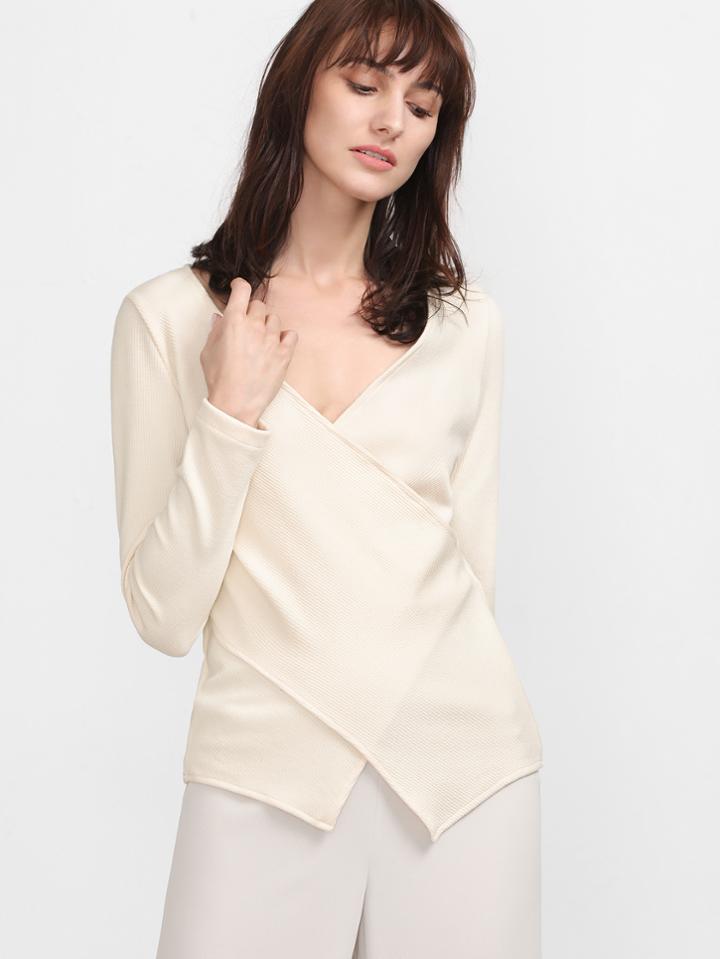 Shein Ribbed Criss Cross Wrap Long Sleeve Asymmetrical T-shirt