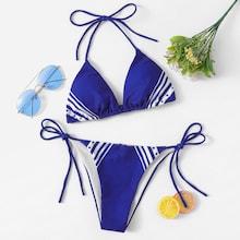 Shein Striped Top With Self Tie Side Bikini Set