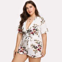 Shein Plus Botanical Print Belted Surplice Romper