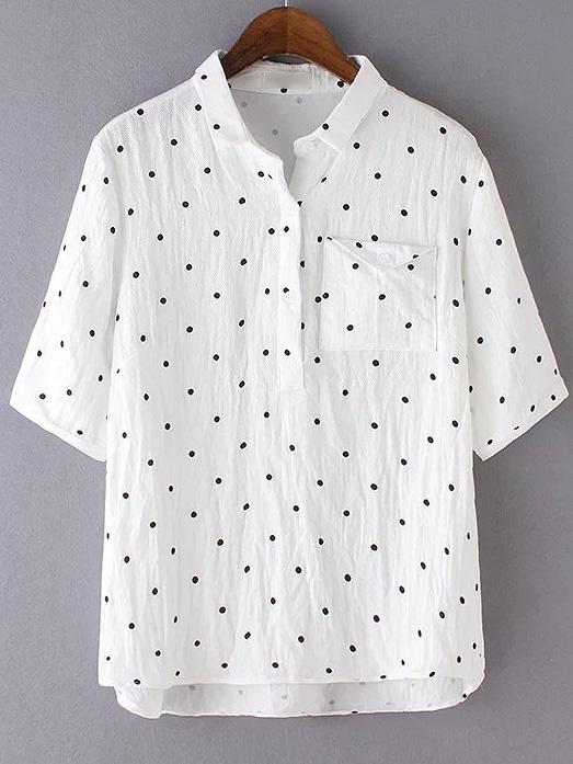 Shein White Lapel Polka Dots Dipped Hem Pocket Blouse