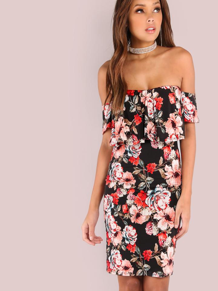 Shein Floral Off Shoulder Frill Dress Black