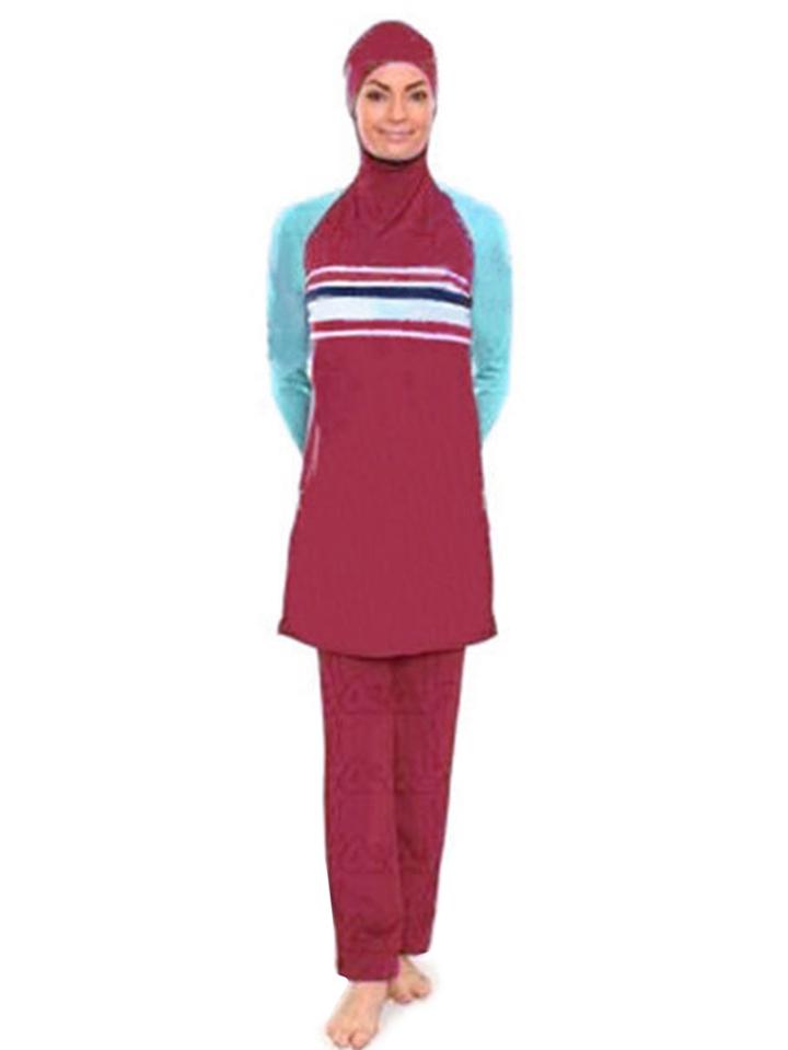 Shein Striped Contrast Sleeve Hooded Full Coverage Swimwear